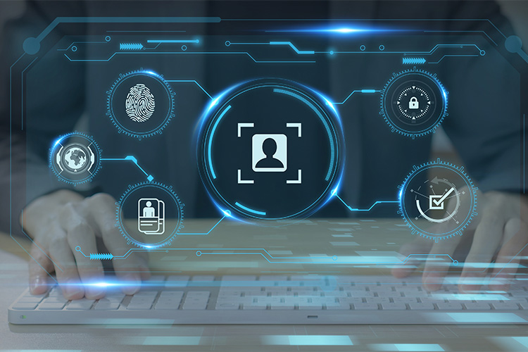 Ilustração com pessoa acessando o computador e ícones representando a verificação de clientes