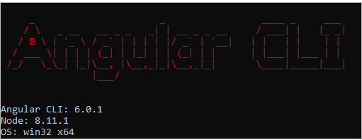 Tela de linha de comando com a logo do Angular CLI em ASCII