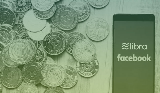 Imagem com moedas e um celular ilustrando a moeda digital Libra do facebook
