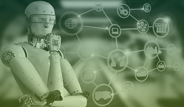 Robô em posição pensativa com símbolo de rede de informação em segundo plano