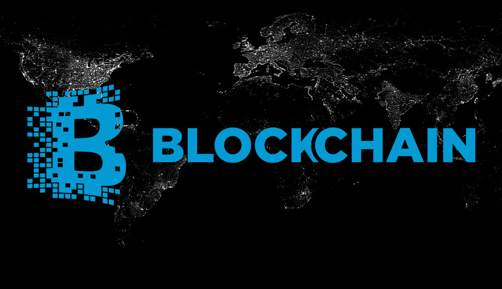 Banner escrito BLOCKCHAIN com mapa dos continentes em segundo plano