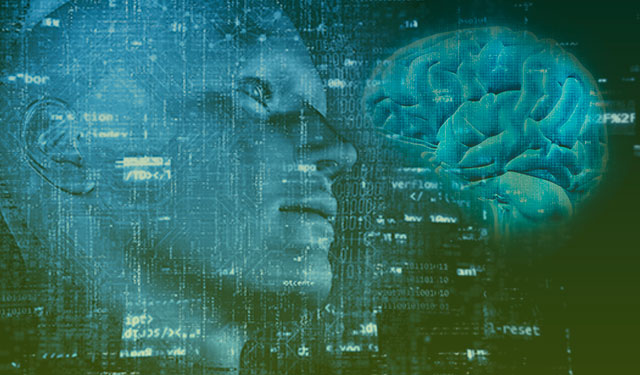 Holograma com um robo, códigos fonte e um cérebro