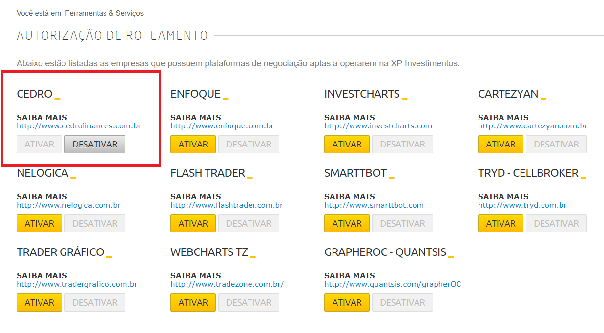 Tela de ativação do fast trade da cedro na XP