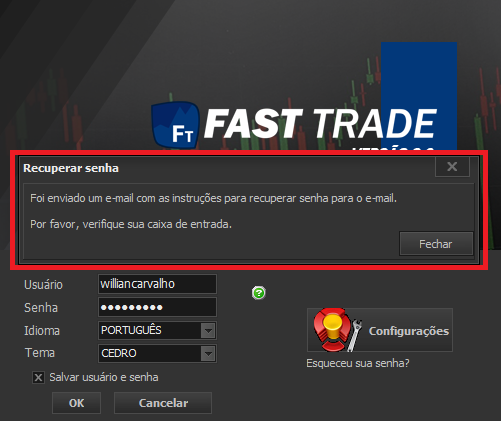 Tela de recuperação de senha do fast trade