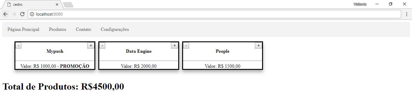 Tela de um aplicativo em localhost