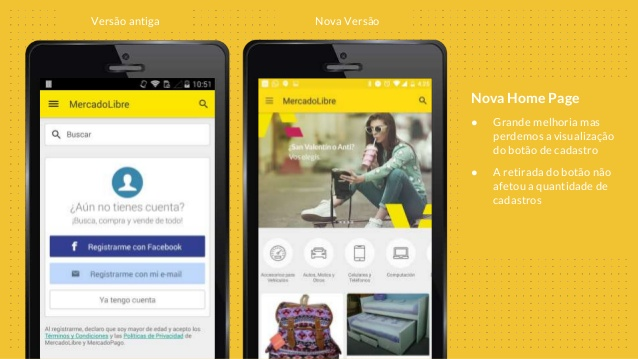 Duas telas ilustrando a versão antiga e nova do mercado livre mobile