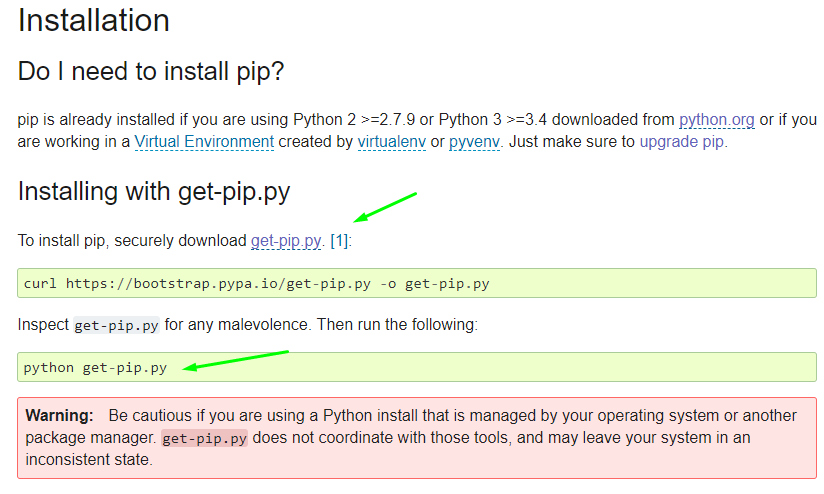 Tela com instruções de instalação do pip.py