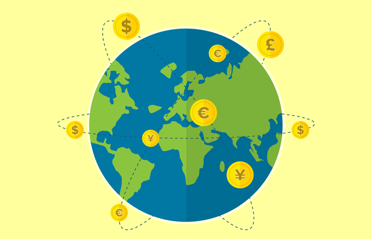 Ilustração de diversos tipos de moeda ao redor do globo terrrestre