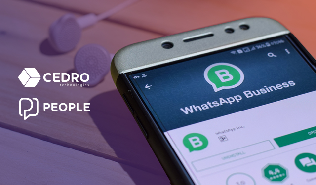 Foto de um celular com o aplicativo whatsapp business e logo de cedro em primeiro plano