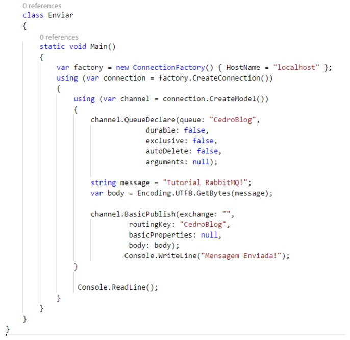 Tela de um código fonte em RabbitMQ