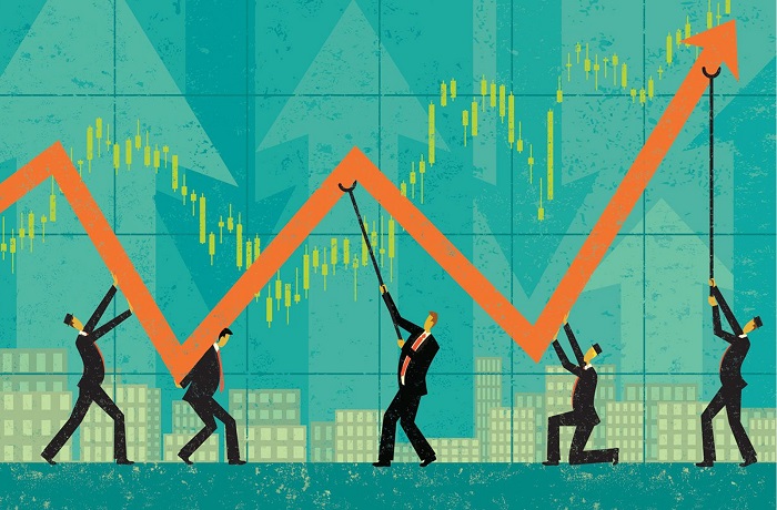 Ilustração de bonecos elevando a curva de um gráfico